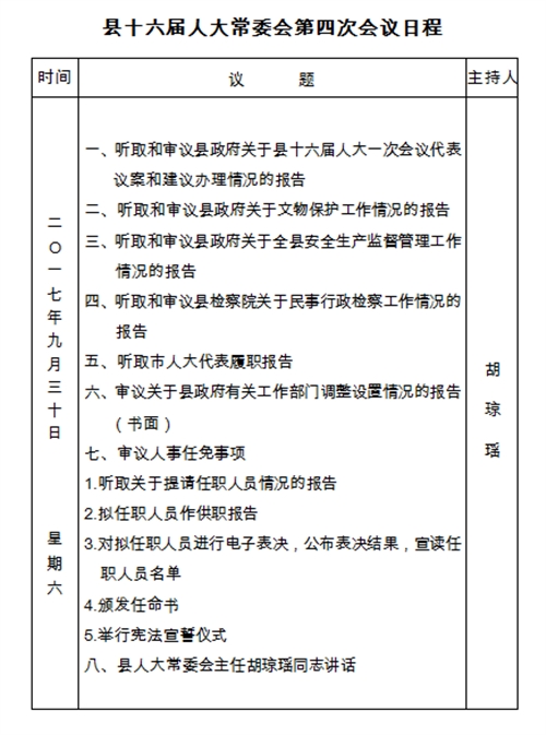 县十六届人大常委会第四次会议日程