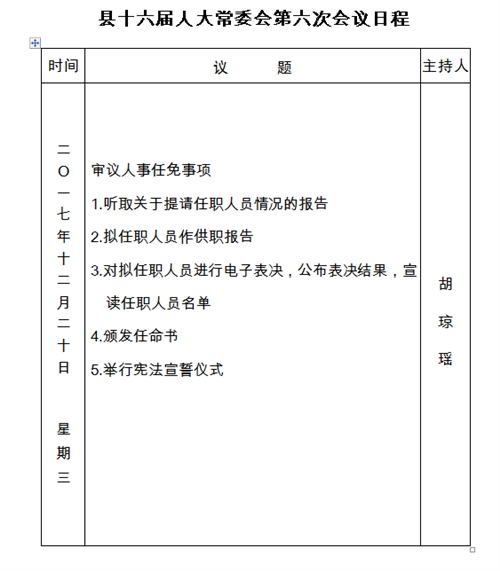 县十六届人大常委会第六次会议日程